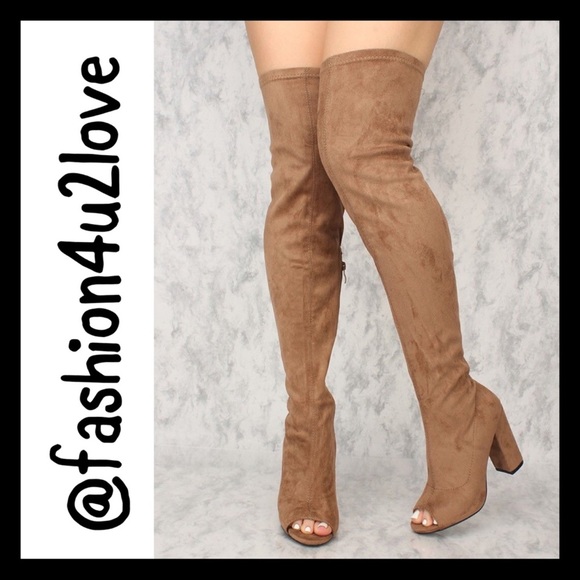 Athena Footwear Shoes - Mocha Thigh High Boots Open Toe Chunky Heels! nwt